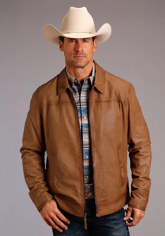 Personal Charm Stetson Mens Zip Front Lightweight Caramel Leather Leather Jacket