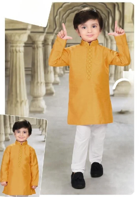Practical Style Elegant Mustard Yellow Color Heavy Banarasi Embroidery Kurta Pajama Set For Boys
