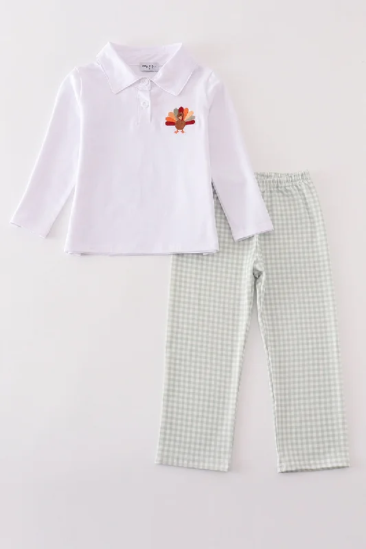 Fresh And Simple Sage turkey embroidery gingham boy pants set