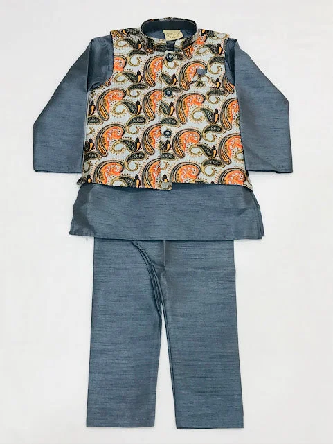 Elegant Comfort Appealing Gray Colored Silk Cotton Sherwani With Pajama Pant Sets For Boys