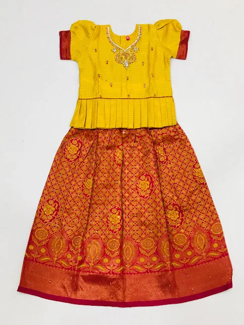 All-Day Outfits Charming Yellow Colored Embroidery Work Silk Langa Sets For Girls