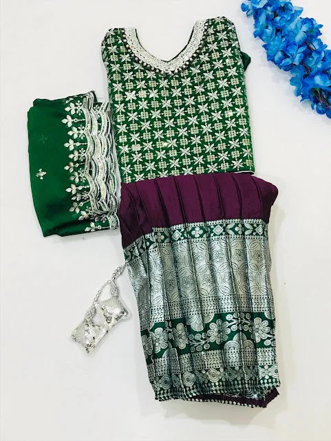 Cozy Dress Gorgeous Green Colored Silk Embroidery Work Choli Sets For Girls