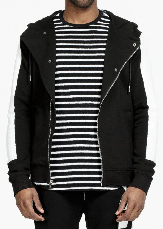 Spiritual Vitality Biker Hoodie with Block Print on Sleeves in Black