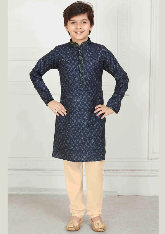 Romantic And Fresh Fabulous Blue Color Poly Cotton With Digital Print Kurta Pajama Set For Kids