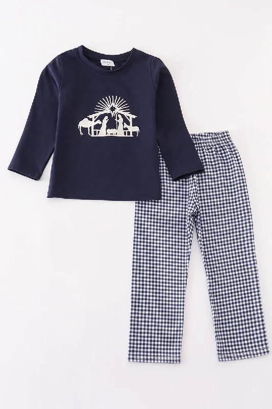 Casual Elegance Navy nativity embroidery gingham boy set