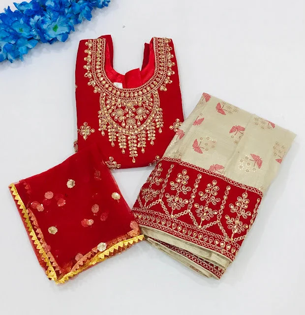 Cozy Outfit Delightful Red Colored Embroidery And Stone Work Silk Choli Sets For Girls