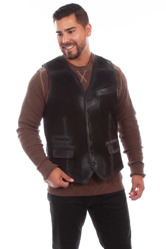 Comfortable Wear Scully Mens Handsome Western Vintage Black Leather/Canvas Leather Vest