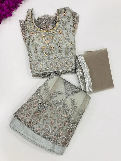 Classic Comfort Dazzling Gray Colored Net Embroidery And Sequins Work Girl Choli Sets