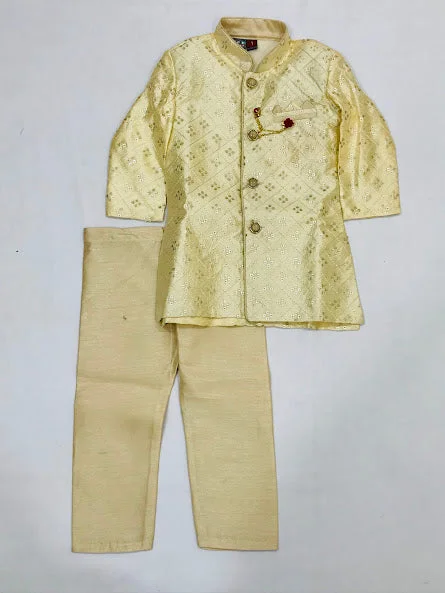 Soft Layers Attractive Sandal Colored Sherwani With Designer Brooch Pin Attached For Boys