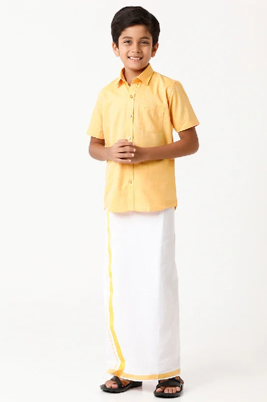 Varna - Yellow Matching Fixit Dhoti and Shirt 2 in 1 Set For Kids | Uathayam