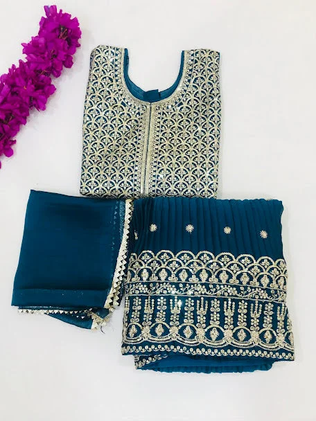 Celebrity Style Gorgeous Teal Blue Colored Sequins Work Lehenga Choli Sets For Girls