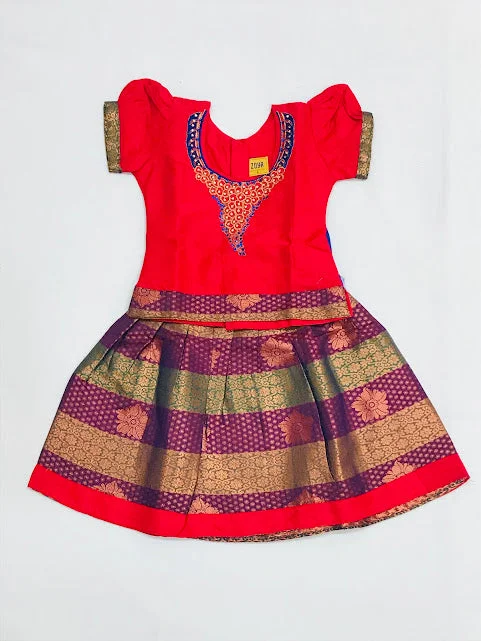 Elegant And Lazy Charming Red Colored Embroidery Work Silk Langa Sets For Girls