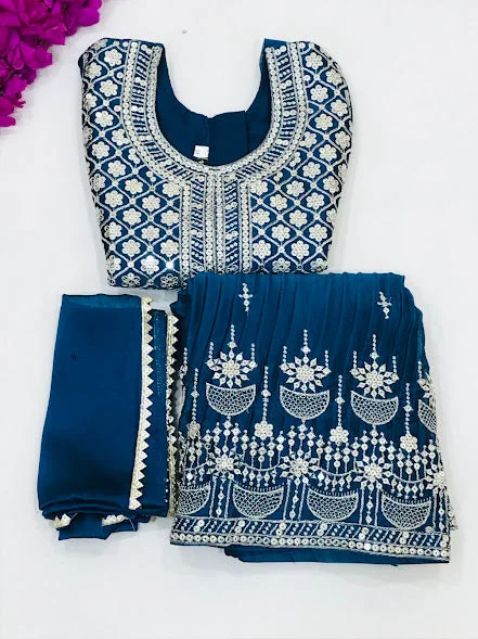 Stylish Comfort Attractive Teal Blue Colored Embroidery And Sequins Work Choli Sets For Girls