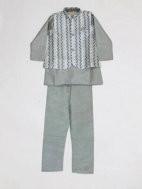 Relaxed Fit Appealing Gray Colored Silk Cotton Kurta Jacket With Pajama Pant Sets For Boys
