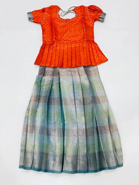 Soft Looks Delightful Orange Colored Embroidery Work Silk Langa Sets For Girls