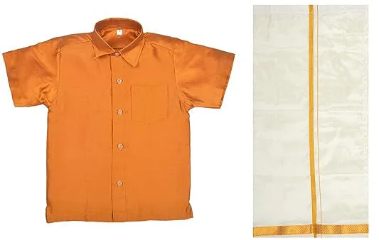 Versatile Items Dazzling Orange Color Festival Wear Kids Dhoti Set