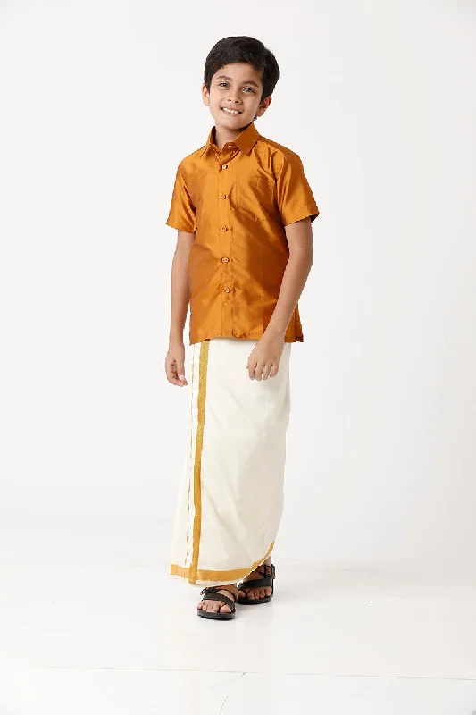 Rising Star - Mustard Yellow Matching Fixit Dhoti and Shirt 2 in 1 Set For Kids | Uathayam