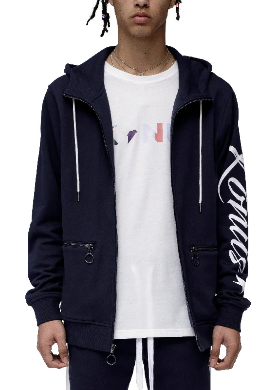 Embroidered Letters Konus Men's Mock Neck Zip Up Hoodie with Zipper Pockets In Navy