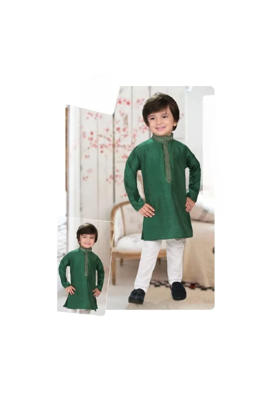 American Style Gorgeous Dark Green Color Banaras Festival Special Kids Kurta Pajama Set