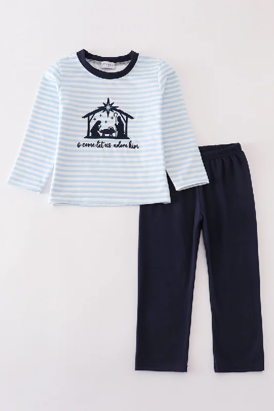 New Design Navy nativity embroidery gingham boy set