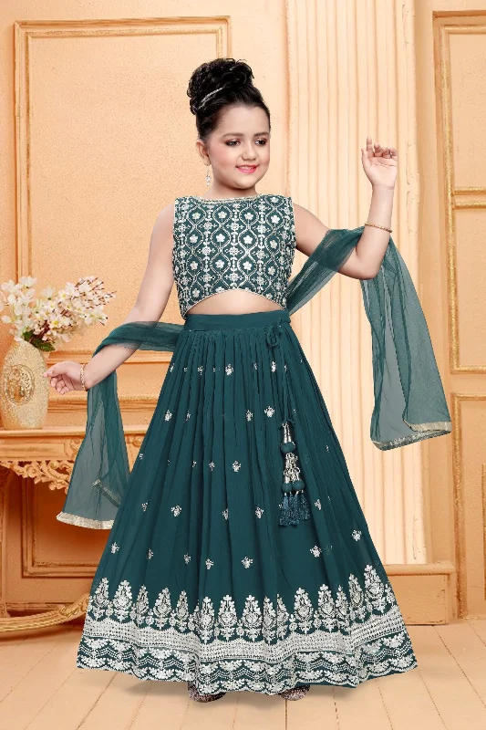 Slightly Flared Design Alluring Teal Green Colored Embroidery Work With Georgette Girls Choli Sets