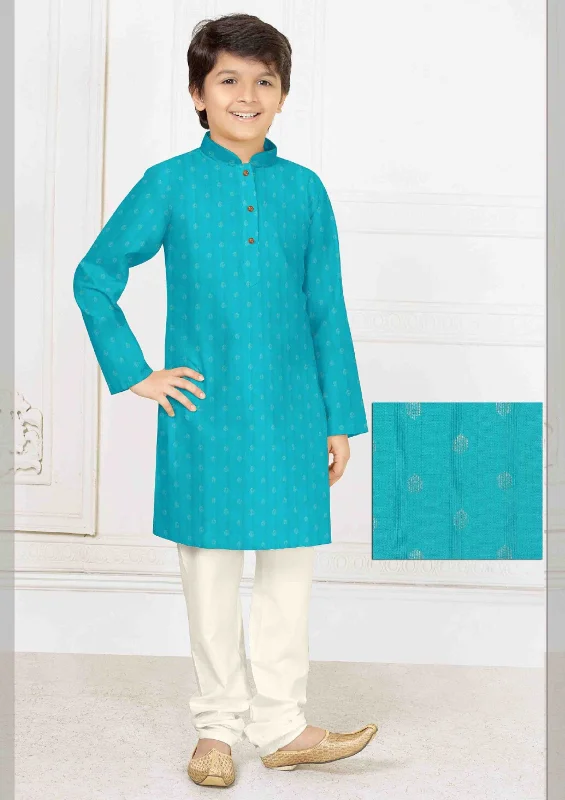 Elegant And Simple Dazzling Blue Designer Poly Blended Kurta Pajama Set For Kids