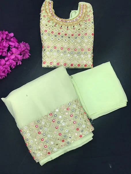 Soft Textures Stunning Pista Green Color Designer Girls Choli Set With Mirror And Embroidery Work