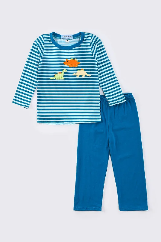 Modernism Blue stripe dinosaur applique boy set