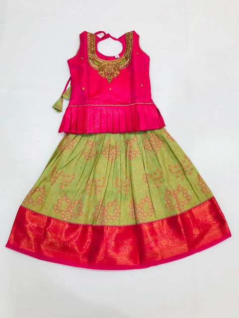 Street Fashion Delightful Pink Colored Embroidery Work Girls Langa Sets