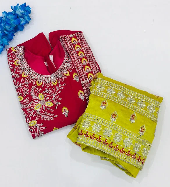 Soft Wear Appealing Red And Green Color Embroidery And Mirror Work Choli Sets For Girls