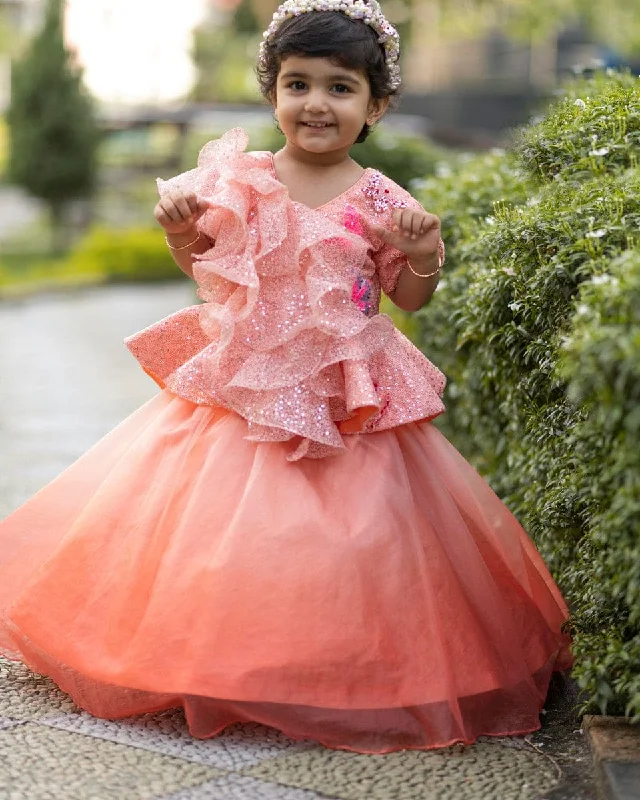 Pre-Order: Peach Ruffle Organza Ghagra