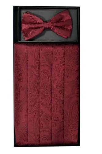 Casual Comfort Wear Burgundy Paisley Cummerbund and Bow Tie Set