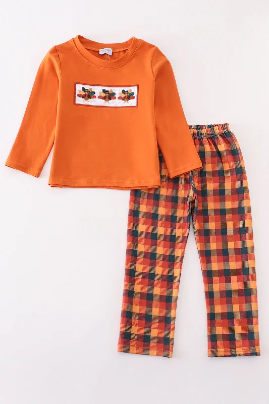 Fresh And Natural Orange turkey embroidery plaid boy set