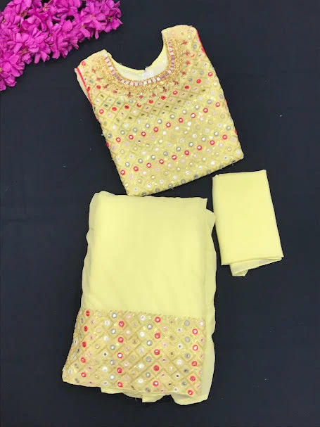 Easy Wear Chic Dazzling Yellow Color Mirror Embroidery Sequins Work Choli Set For Girls