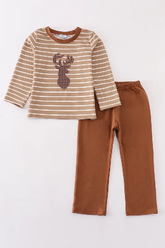 Versatile Itinerary Brown stripe antler embroidery boy set