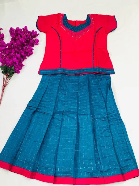 Summer Selection Charming Pink And Blue Art Silk Langa Set For Kids