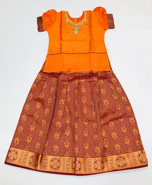 British Style Attractive Orange Colored Silk Embroidery Work Langa Sets For Girls