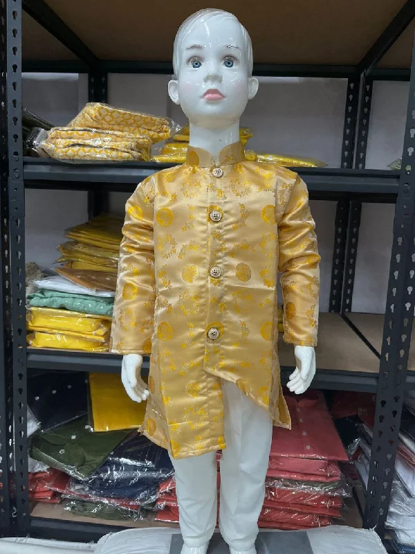 Perfect Tailoring Dazzling Yellow Colored Jacquard Kurta Pajama Sets For Boys