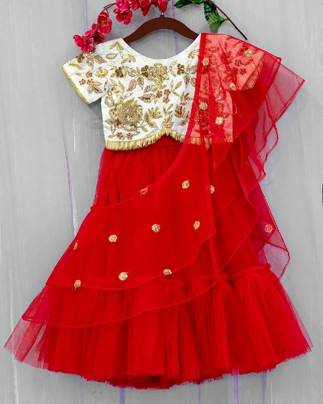 Pre-Order: Hand Embroidered Zari work Red/Golden attached Dupatta Lehenga