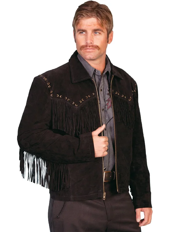 Designer Style Scully Leather Mens Black Boar Suede Western Fringe Jacket S