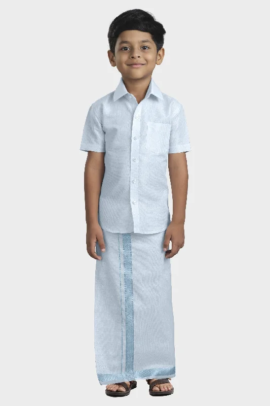 Vaibhav - Cyan Blue Tissue Shirt and Dhoti 2 in 1 Set For Kids | Uathayam