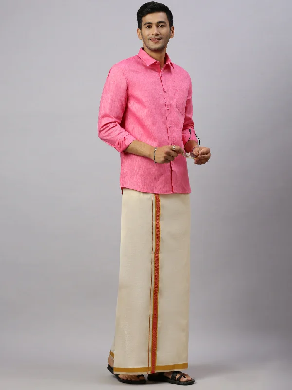 Classic Men Macho Pink Colour Shirt & Matching Border Tissue Dhoti Set CCB