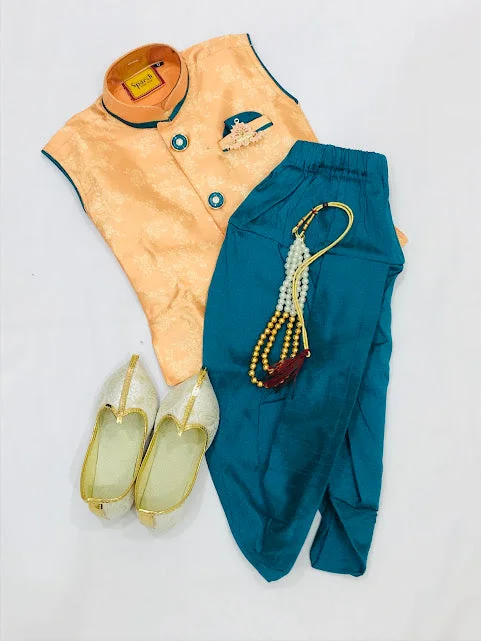 Casual Fit Attractive Orange Colored Kids Sherwani With Brooch Pin Pearl Mala And Juttis