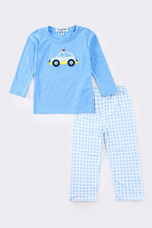 Elegant Outline Blue police car applique boy set