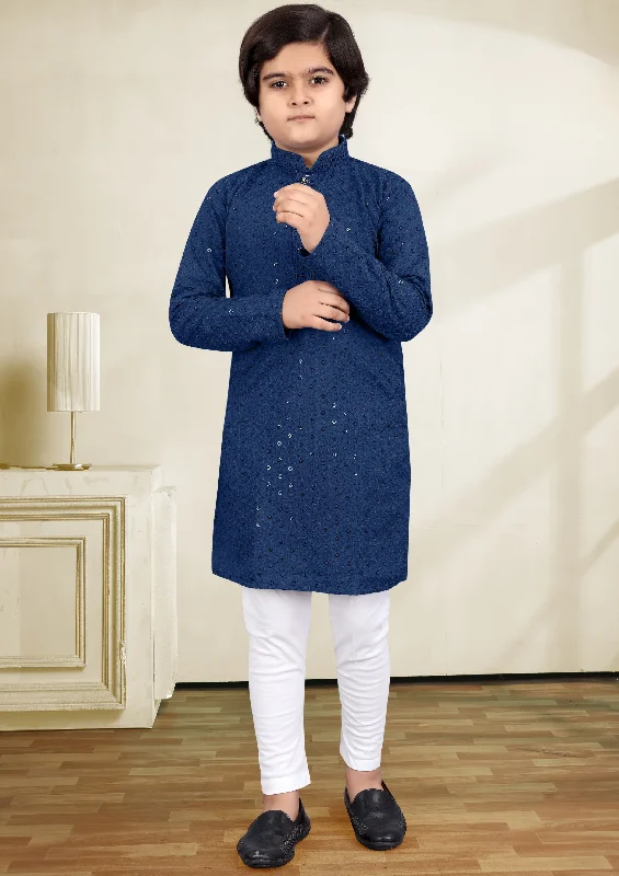 Relaxed Tops Appealing Blue Color Sequins Embroidery Work Kid's Kurta With Pajama Pant