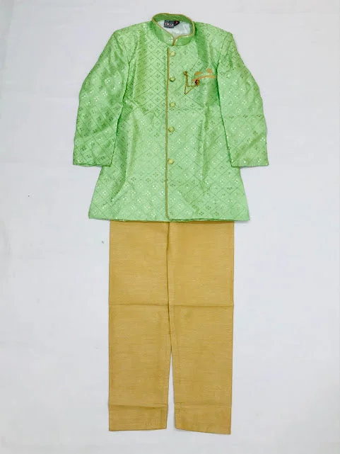 Fashion And Simplicity Gorgeous Pista Green Colored Silk Cotton Kurta With Pajama Pant Sets For Boys