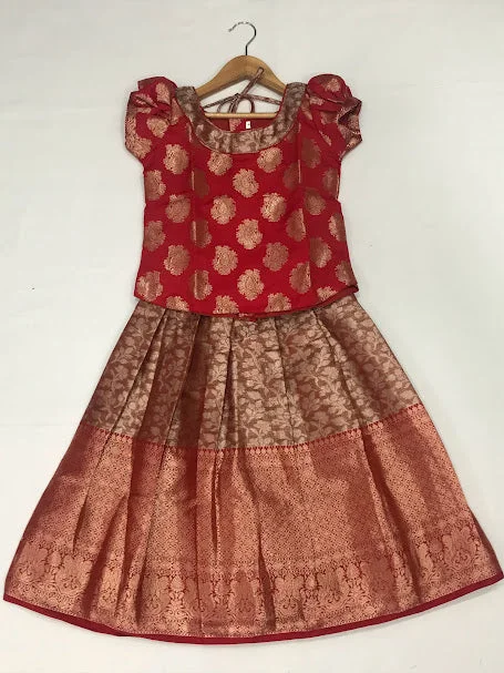 College Style Gorgeous Maroon Color Floral Design Silk Langa Set For Girls