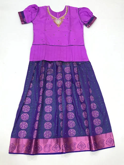 Elegant Wear Appealing Violet Colored Silk Embroidery Work Langa Sets For Girls