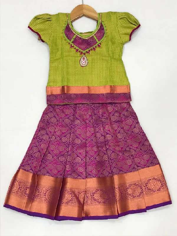 Warm And Comfortable Gorgeous Green Color Silk Langa Set For Girls
