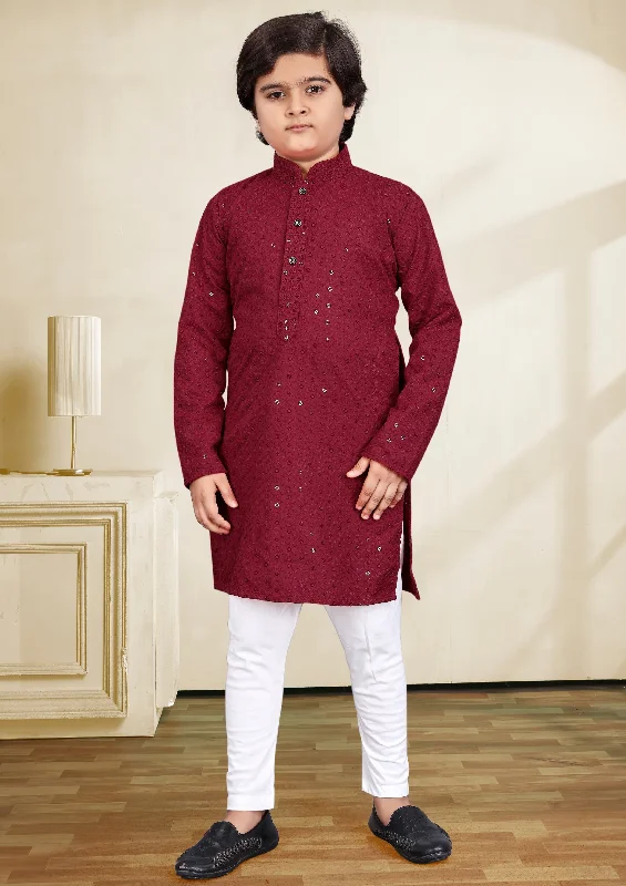 Soft Tops Stunning Maroon Color Kid's Rayon Embroidery Sequins Work Kurta With Pajama Pant